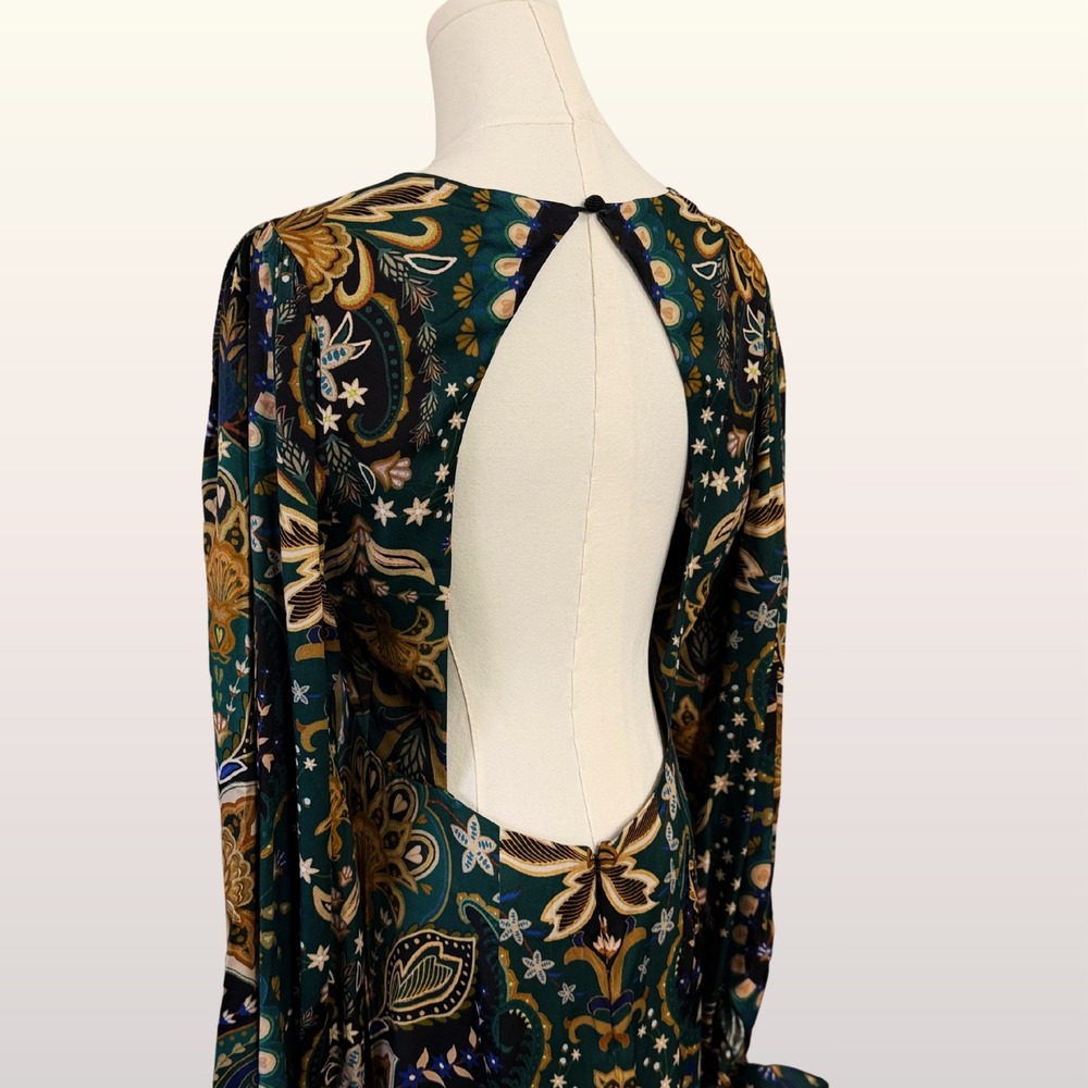 NWT Farm Rio Jaipur Black Maxi Dress Medium Green Paisley Open Back Long Sleeve - Picture 11 of 13
